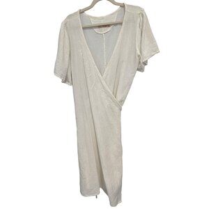 Manta Del Lago Embroidered Wrap Dress Womens Large Short Sleeve Cream Minimalist